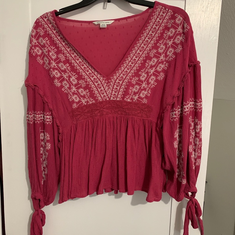 American Eagle Embroidered Boho Peasant Top Size S